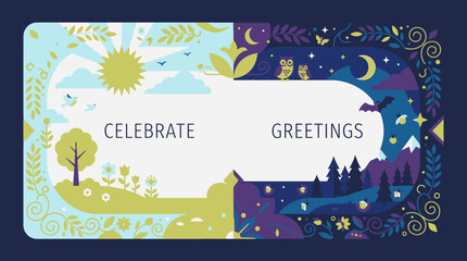 Naklejka premium Day and night landscape banner with decorative nature elements.