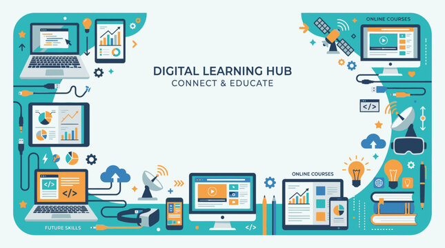 Digital learning hub flat icons border design