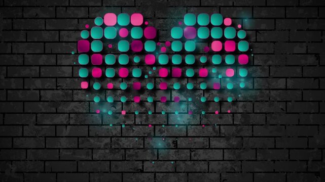 Abstract mosaic heart made of pink and turquoise tiles on dark grunge brick wall background. Glowing neon Valentine love day motion design. Seamless loop. Video animation Ultra HD 4K 3840x2160