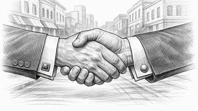Sketch of a handshake of two people wearing suits and double cuff formal white shirts, along with cufflinks, representing a successful deal