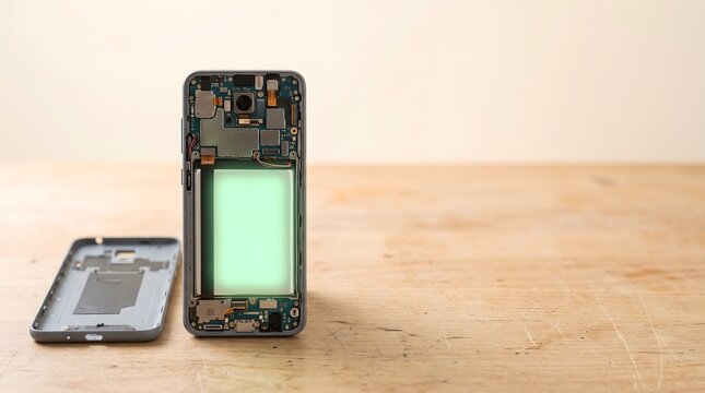 Disassembled smartphone with glowing healthy battery component on wooden workbench, right to repair and electronics longevity concept art horizontal with copy space