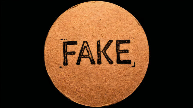 Fake text printed on brown circular cork surface with deception imitation material marketing industrial