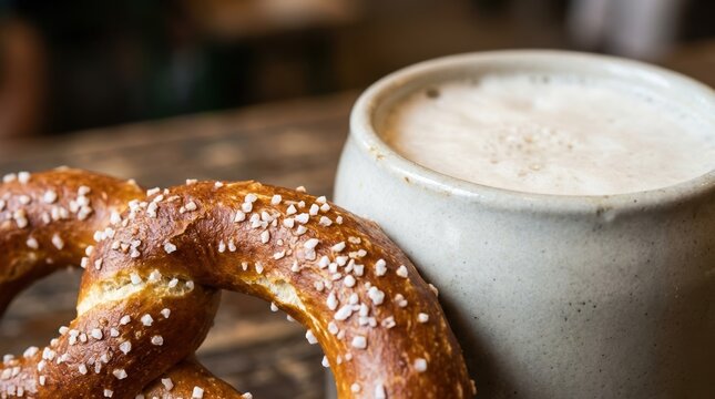 Freshly baked soft salted pretzel served with a warm mug of foamy latte on a rustic wooden table, representing a cozy autumn snack and comfort food concept