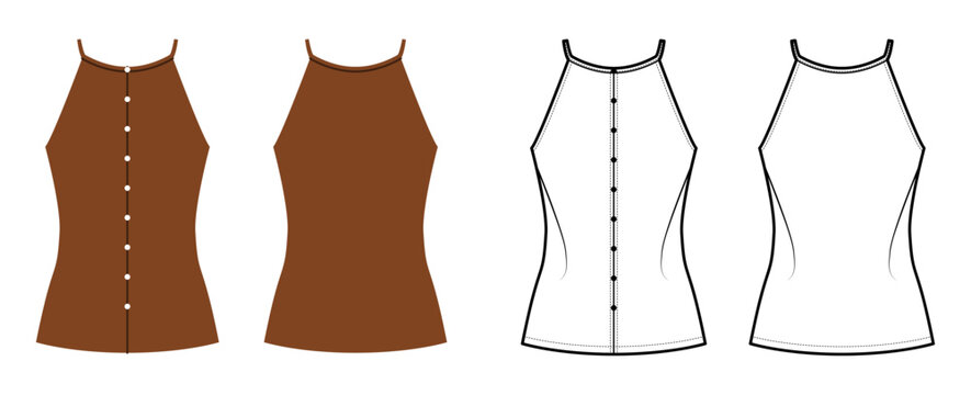 Halter top with sleeveless cut, button closure fitted shaping. Technical fashion illustration in black white color, front back views, clean contour, feminine silhouette, apparel CAD template. Vector