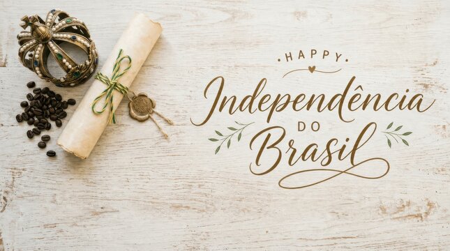 Independencia do Brasil holiday greeting with royal crown, vintage scroll, and coffee beans on rustic white wooden background for patriotic celebration