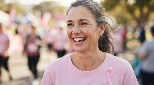 Happy mature woman participating in a breast cancer awareness charity walk event, wearing a pink shirt and ribbon, promoting health and solidarity