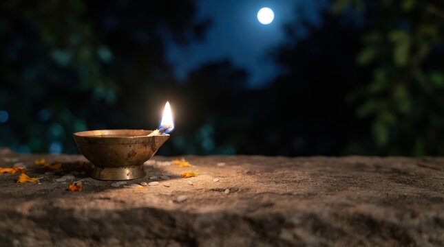 Traditional brass diya oil lamp glowing under moonlight during a serene night festival celebration