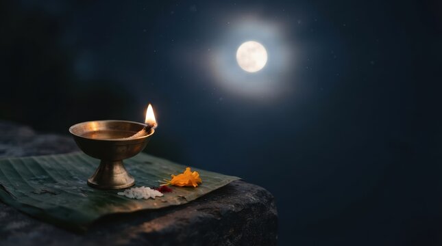 Traditional Indian oil lamp with glowing flame on banana leaf during full moon night for religious festival celebration and worship
