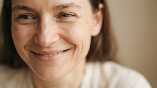 Close up portrait of a smiling middle aged Caucasian woman with natural skin texture and happy expression representing authentic lifestyle and aging gracefully