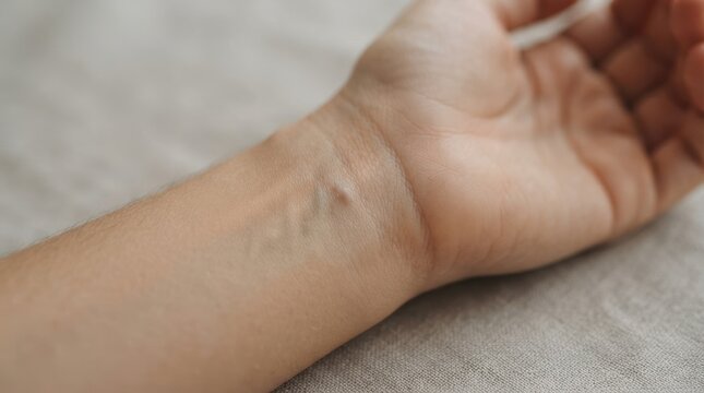 Close-up of a young adult Caucasian woman showing a ganglion cyst on her wrist, highlighting a medical condition and health issue concept