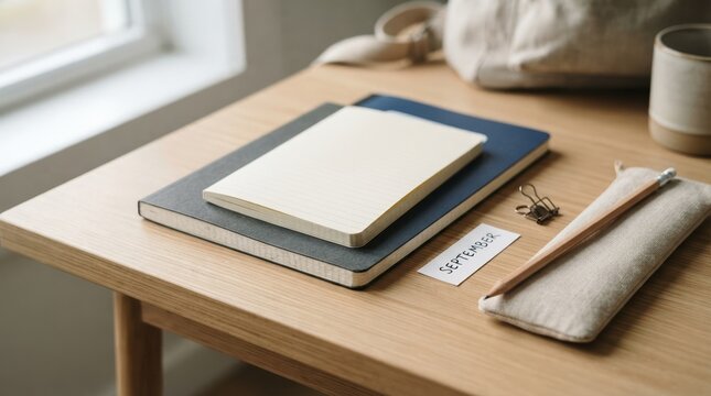 Minimalist study desk setup with notebooks, pencil case, and September note for back to school and productivity concepts