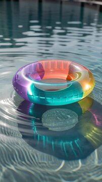 Colorful transparent inflatable ring floating on water surface in swimming pool.
