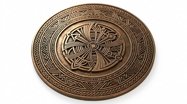 Ancient circular bronze emblem with intricate Celtic knotwork and geometric patterns, symbolizing mystical energy and historical significance on a pristine white background