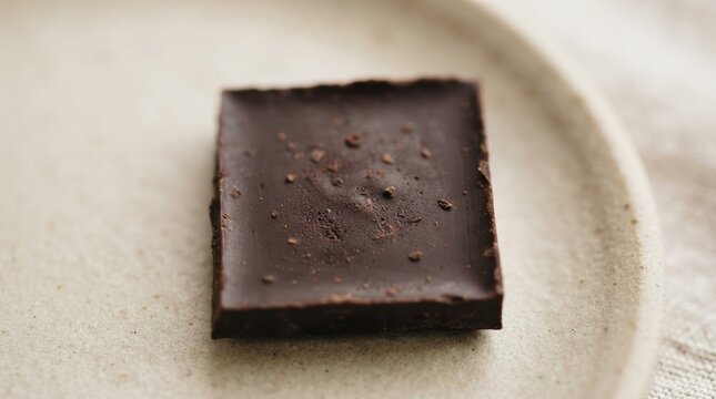 A single piece of artisanal dark chocolate sprinkled with sea salt on a rustic ceramic plate representing gourmet dessert and healthy sweet indulgence