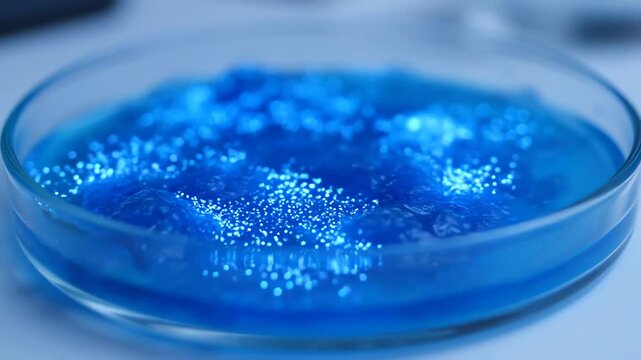 Circular glass petri dish filled with a textured bright blue liquid on a white surface