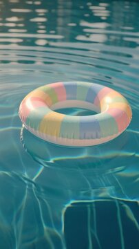 Colorful inflatable swim ring floating on clear blue swimming pool water.