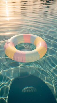Colorful inflatable swim ring floating on clear water surface in swimming pool.
