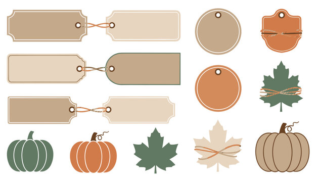 Autumn themed gift tags and labels adorned with rustic twine pumpkins and colorful fall leaves.