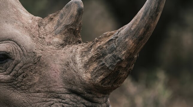 Close up portrait of a rhinoceros head showing rough skin texture and sharp horns, symbolizing wildlife conservation and endangered species protection in nature