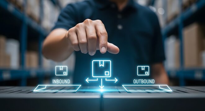 Logistics management with inbound and outbound flow of goods depicted by a hand interacting with a futuristic interface