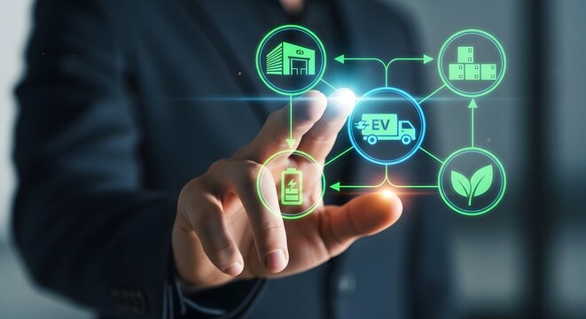 Business logistics network concept with electric vehicle integration and sustainable supply chain visualized on a digital interface