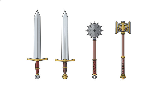 Collection of medieval weapons including two broadswords a spiked mace and a war hammer.