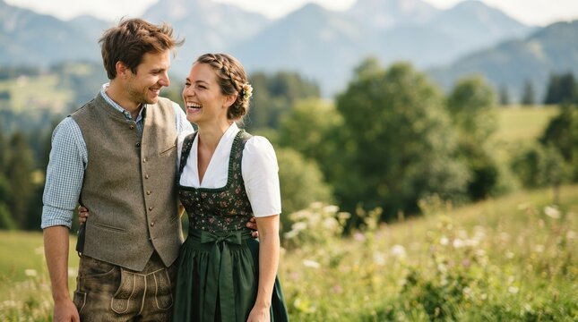 Young adult couple in traditional Bavarian trachten clothing laughing together in an alpine mountain meadow during summer vacation