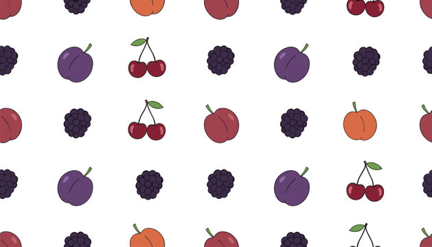 Seamless repeating pattern featuring various fresh fruits like plums and cherries.