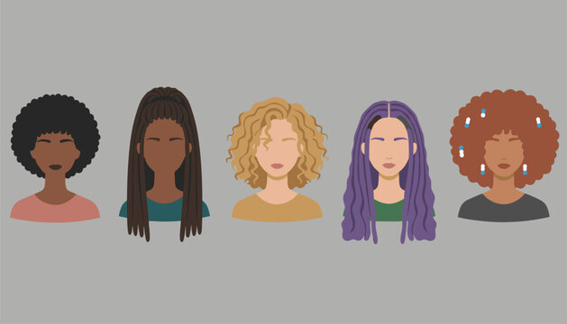 Five female avatars display diverse hairstyles including afros dreadlocks curls braids and beads in flat vector design.