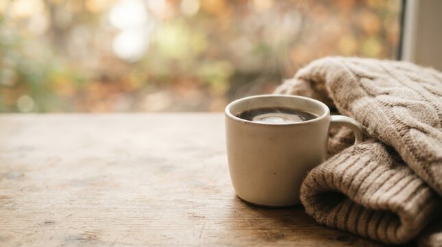 Cozy autumn morning with a warm cup of coffee and knitted sweater on a rustic wooden table by the window, representing comfort and relaxation in fall season