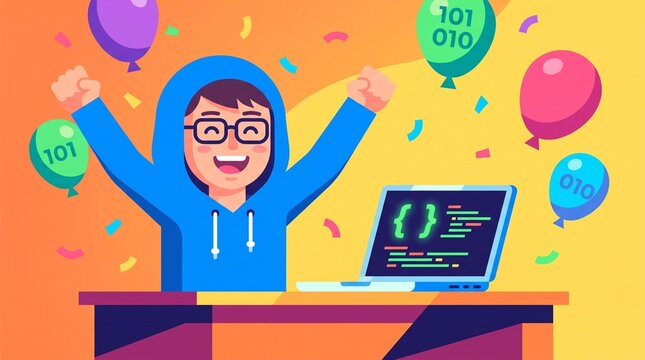 Flat Vector Cartoon of Happy Programmer Celebrating World Programmers Day with Confetti