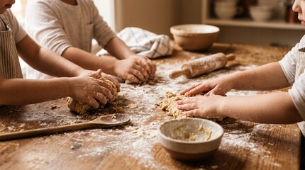 Fototapeta premium Children Baking Together: Young children, hands dusted with flour, are engrossed in kneading dough on a wooden table, a joyful scene of shared activity and culinary creation.