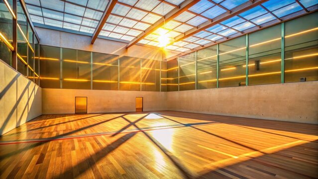 Soft golden light pours through the skylight illuminating the polished squash racket ball courts vibrant colors and precise lines