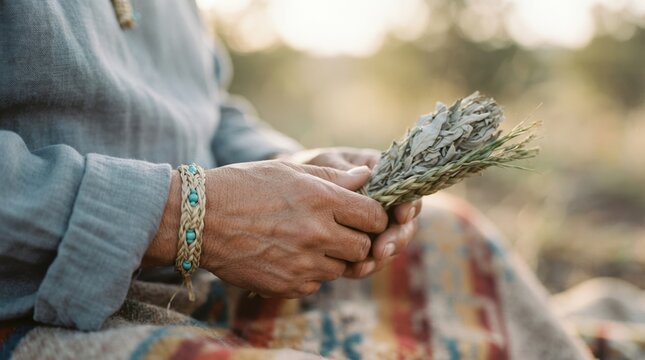 Indigenous elder woman holding sage bundle and sweetgrass braid outdoors during traditional ritual ceremony