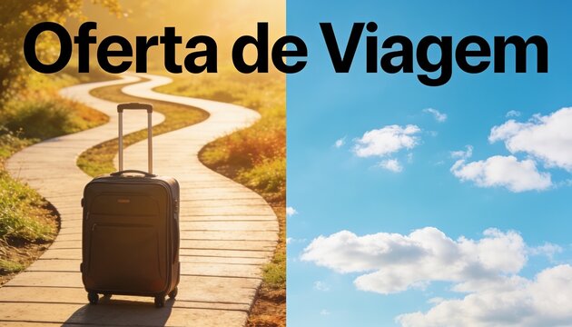 Viagem Oferta: A split image showcases a suitcase on a winding road leading to a sunny horizon on one side, and a clear blue sky with fluffy clouds on the other, inviting wanderlust and adventure.