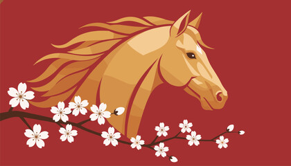 Fototapeta premium Close up vector illustration of a golden horse head framed by blooming cherry blossom branches on red.