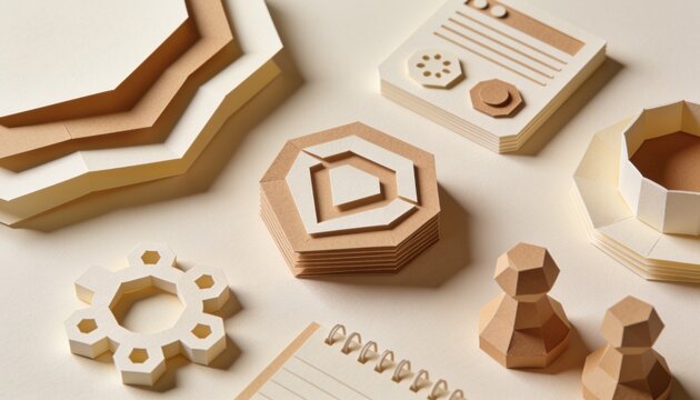 PaperCraft Elements: A collection of meticulously crafted paper objects, including geometric shapes, a stylized radio, and layered charts, arranged in a clean, organized composition.