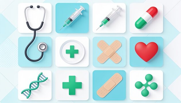 Medical Icons Grid: A vibrant grid showcases essential medical symbols including a stethoscope, syringe, capsule, heartbeat, DNA, and bandages, representing health and wellness.