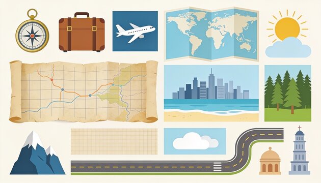 Travel Adventure Icons: A vibrant collection of illustrated icons representing various aspects of travel and adventure, including a compass, suitcase, airplane, maps, cityscape, and nature elements.