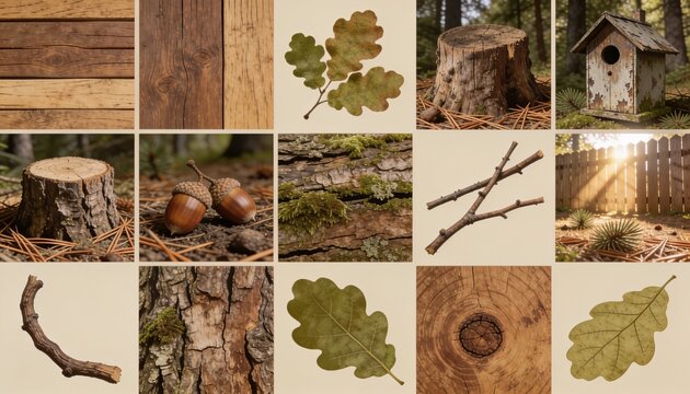 Collage of Forest Elements: A rustic collage showcasing the natural textures and components of a forest, including wood grain, leaves, acorns, tree stumps, and a birdhouse.
