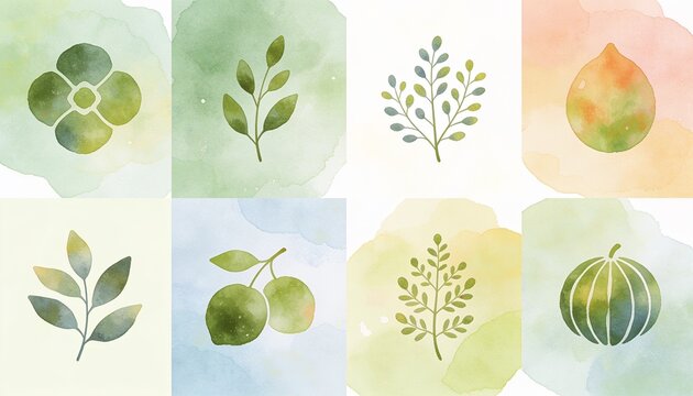Set of Watercolor Botanical Icons: A charming collection of eight watercolor icons featuring delicate green botanical illustrations, including a flower, leaves, branches, and fruits.