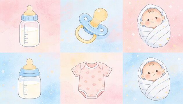 Baby Essentials Collage: A charming watercolor collage showcasing essential items for a newborn, including milk bottles, pacifiers, baby clothes, and sleeping infants.