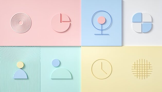 Abstract Graphic Elements in Pastel Tones: A collection of minimalist graphic icons including a CD, pie chart, stylized figure, and clock, presented on soft pastel-colored backgrounds.