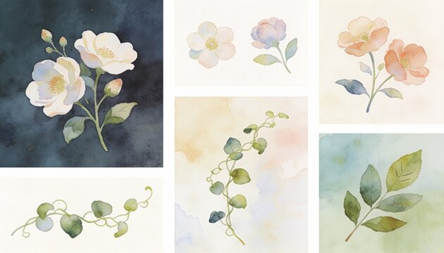 Watercolor Floral Arrangements: A collection of delicate watercolor paintings showcasing various floral elements, including roses, blossoms, and leafy vines, in soft, ethereal hues.