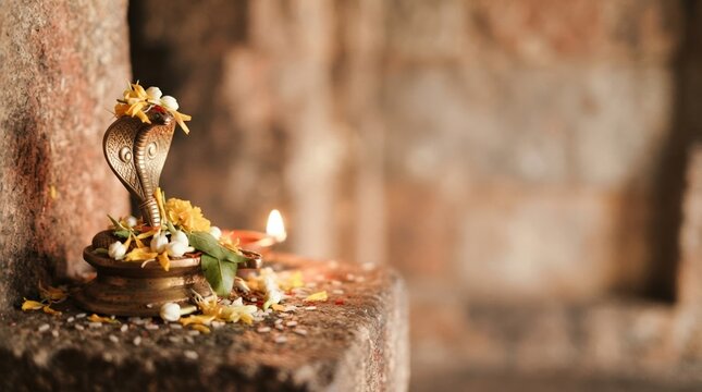 Brass cobra statue decorated with fresh flowers and sacred oil lamp for Hindu worship and spiritual rituals inside ancient temple
