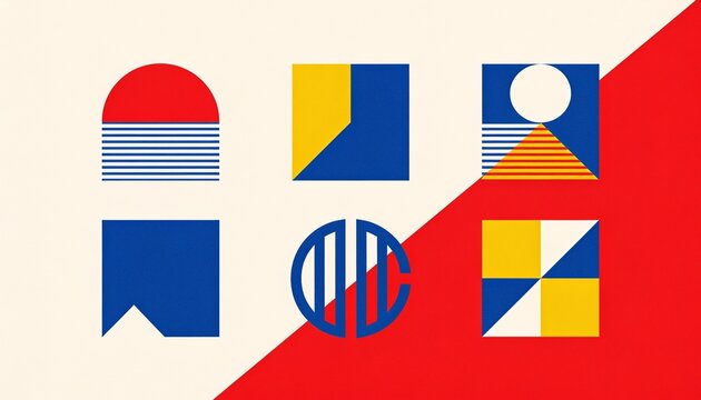 Modern Abstract Geometric Designs: A vibrant collection of six minimalist geometric graphic design elements, showcasing bold colors and clean lines, perfect for branding and modern design projects.