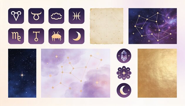 Astrology Graphic Elements Collection: A celestial array of zodiac signs, constellations, starry nights, celestial clouds, crystals, and golden textures.