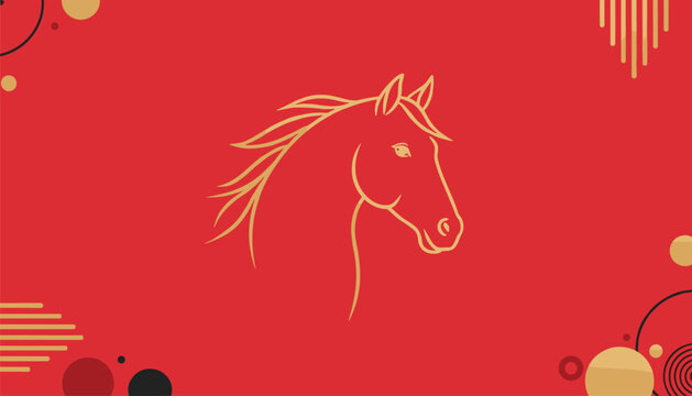 Elegant outline of a golden horse head profile decorated with abstract geometric shapes on red backdrop.