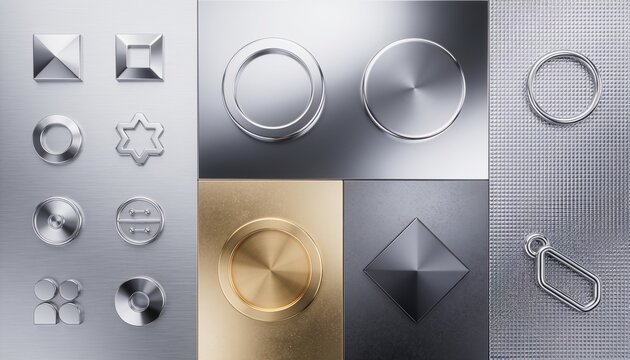 Abstract Geometric Metal Elements: A collection of metallic geometric shapes and buttons, showcasing brushed metal textures in silver, gold, and dark gray.