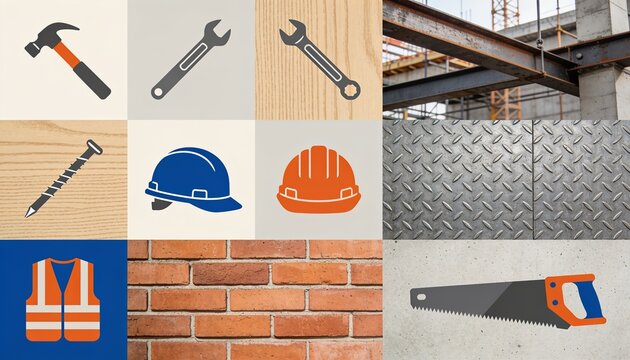 Construction Materials and Tools Collage: A visual compilation of essential construction elements, featuring tools like hammers, wrenches, and saws, alongside safety gear.